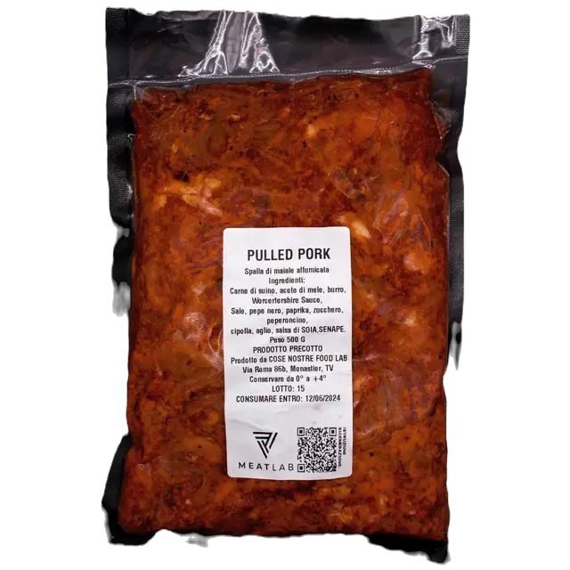 Confezione sottovuoto di pulled pork affumicato a marchio Meatlab, prodotto da Cose Nostre Food Lab