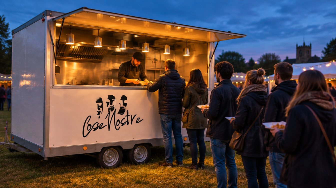 Il food truck di Cose Nostre Food Lab aperto in serata, con persone in fila al banco